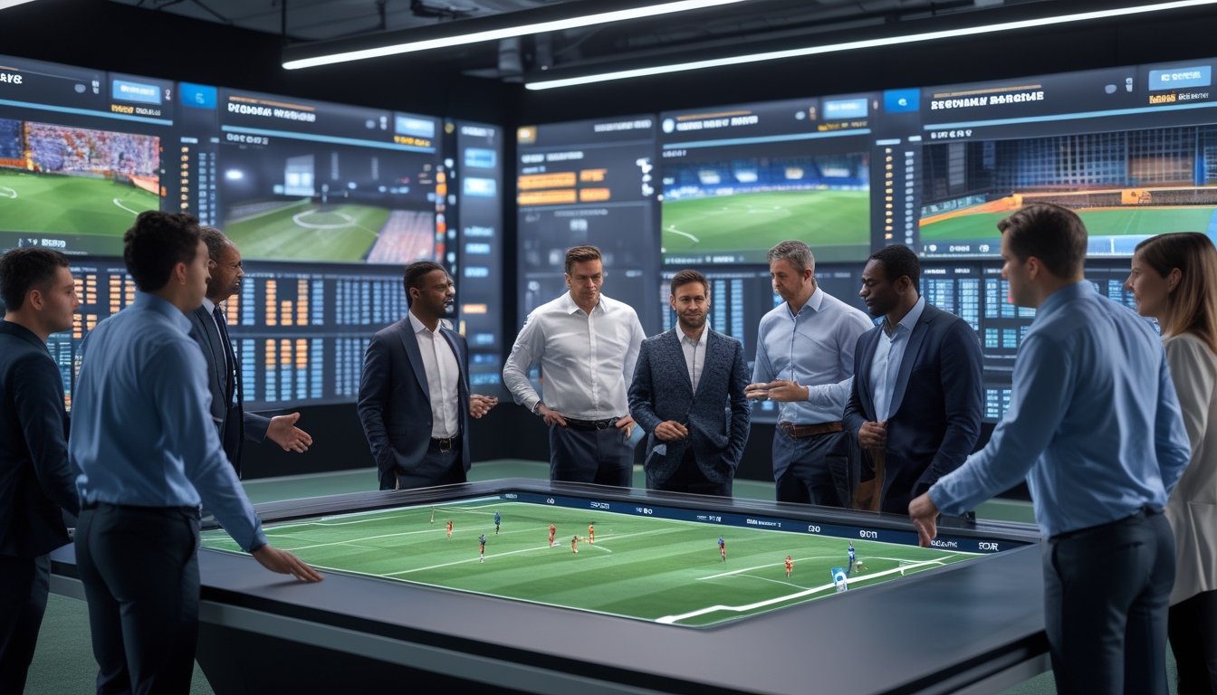 Sekelompok analis dan pelatih sepak bola sedang berdiskusi di ruang analisis dengan layar digital menampilkan statistik dan formasi tim.