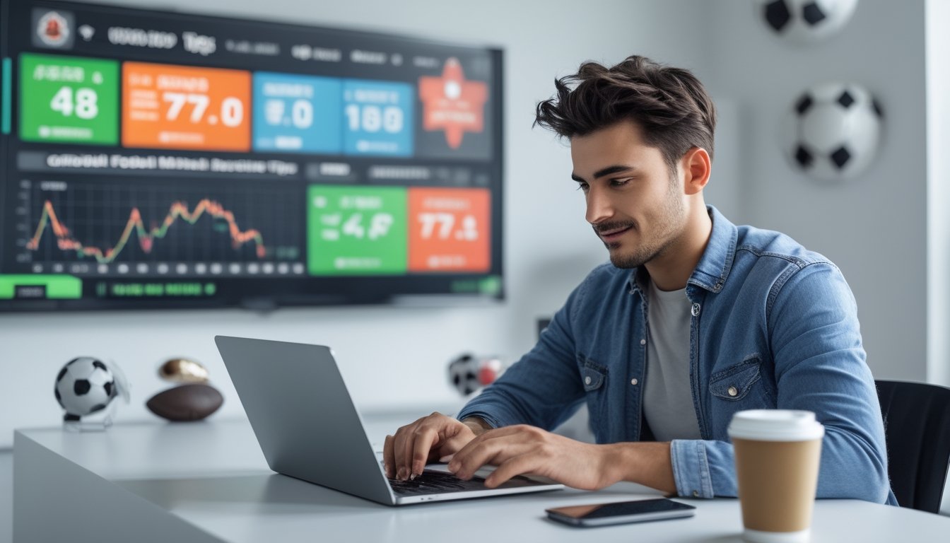 Seorang pria muda duduk di meja modern sambil membaca dan menganalisis informasi taruhan bola online di laptop dengan layar digital menampilkan statistik pertandingan sepak bola di latar belakang.