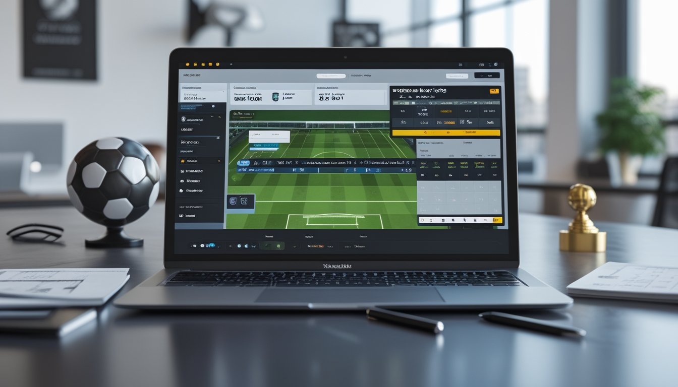 Meja kerja dengan laptop yang menampilkan antarmuka taruhan bola online, catatan, pena, dan dekorasi bertema sepak bola di ruang kantor yang terang.