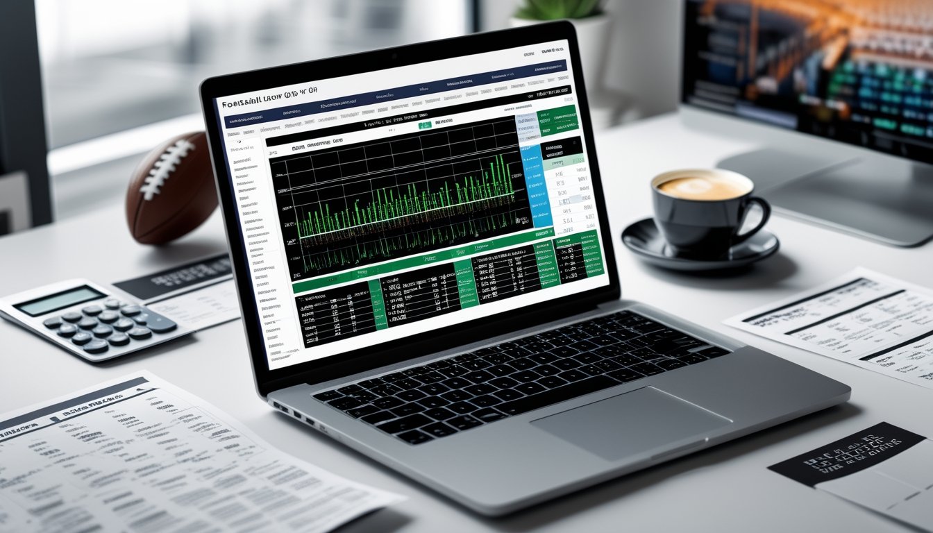 Meja kerja dengan laptop yang menampilkan grafik statistik taruhan bola, kertas data, kalkulator, dan cangkir kopi.