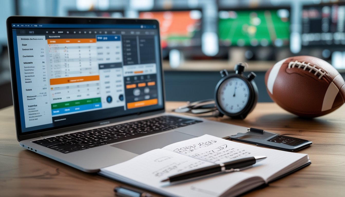 Meja kerja dengan laptop menampilkan statistik sepak bola, bola sepak, stopwatch, dan catatan perhitungan taruhan.