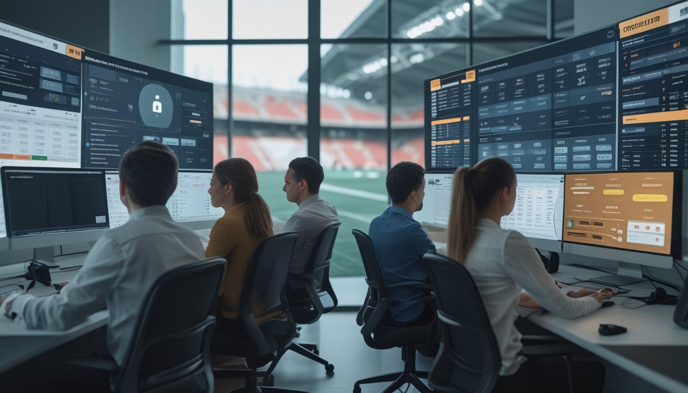 Orang-orang sedang bekerja di kantor dengan layar komputer menampilkan data pertandingan sepak bola dan simbol keamanan.