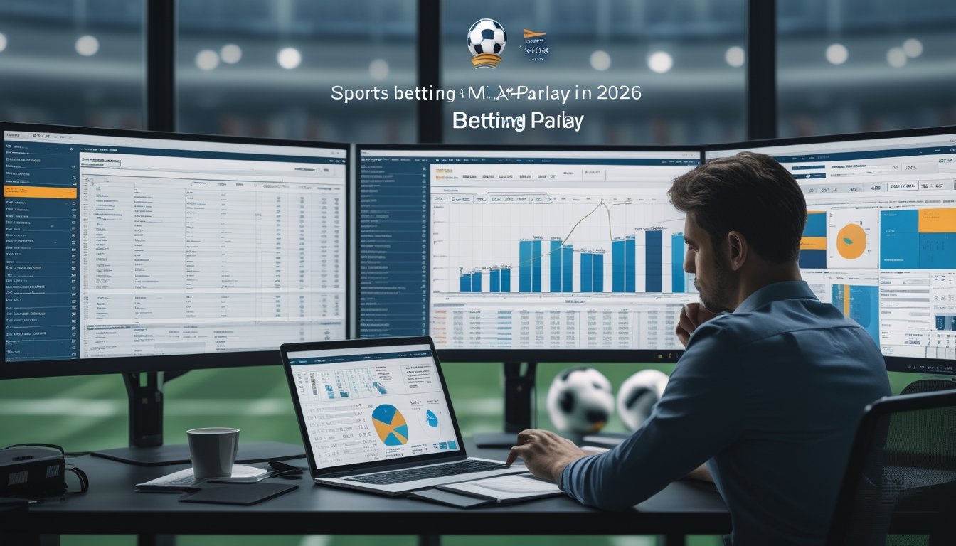 Seorang profesional sedang menganalisis data statistik pertandingan sepak bola di meja kerja dengan beberapa monitor dan perangkat digital.