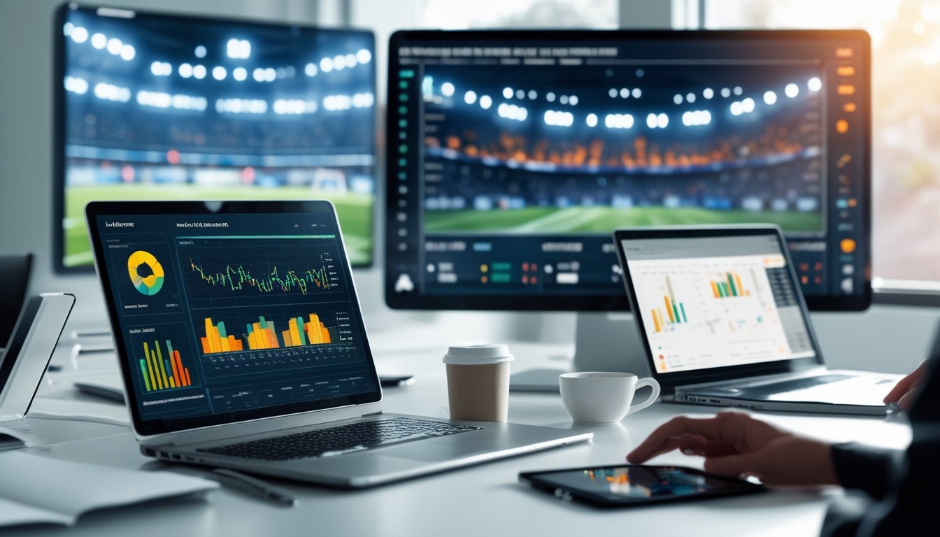 Meja kerja dengan laptop dan tablet yang menampilkan statistik pertandingan sepak bola, dengan layar besar yang menunjukkan stadion sepak bola di latar belakang.