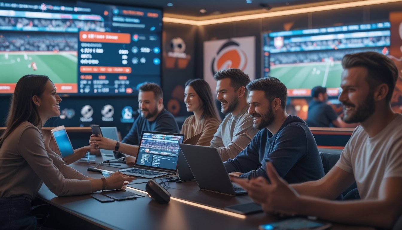 Sekelompok orang menggunakan perangkat digital untuk memasang taruhan langsung pada pertandingan sepak bola yang sedang berlangsung di sebuah ruangan modern.