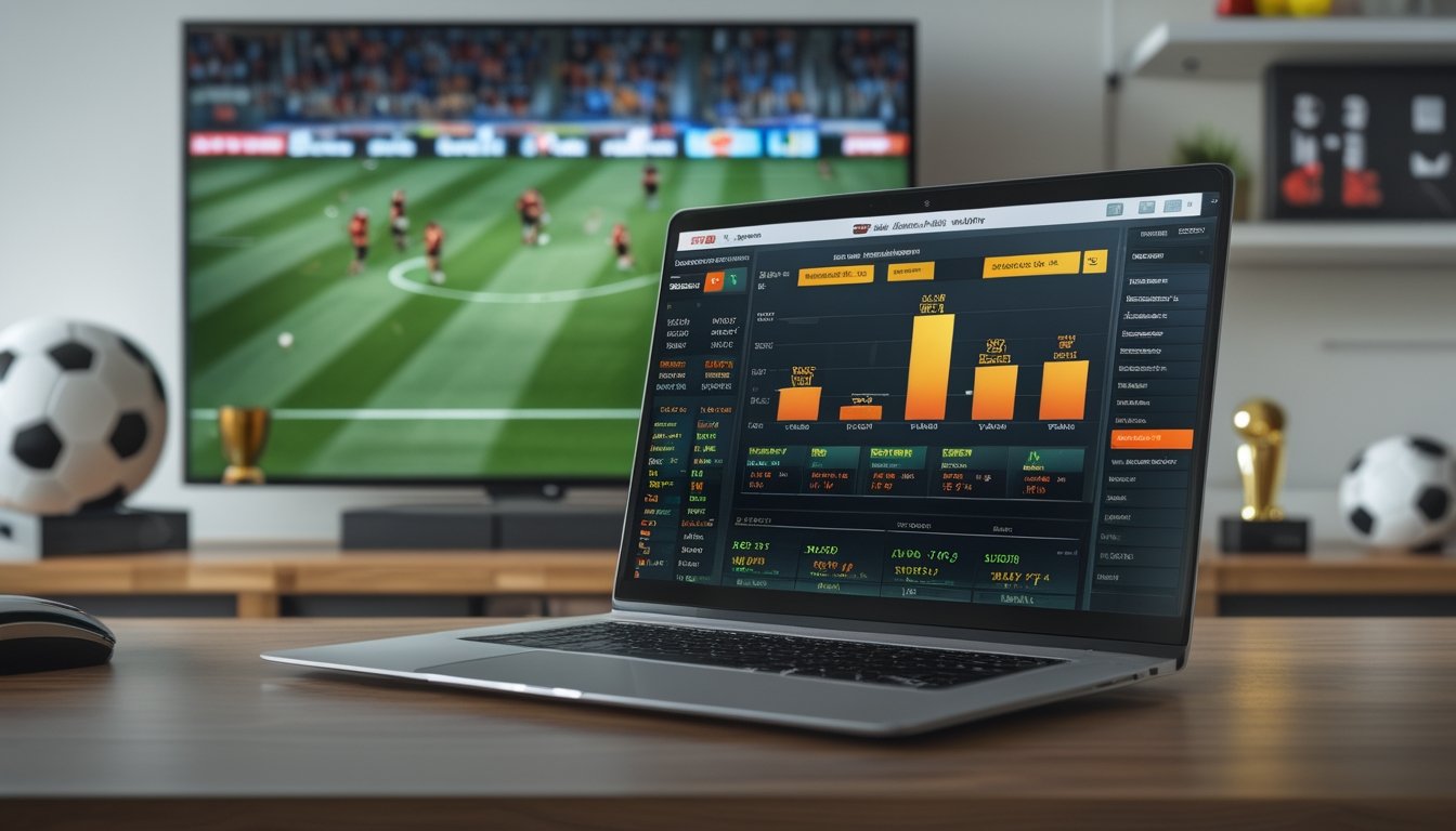 Seorang pria menggunakan laptop dan ponsel yang menampilkan statistik dan taruhan langsung pertandingan sepak bola yang sedang berlangsung di televisi di ruangan modern.