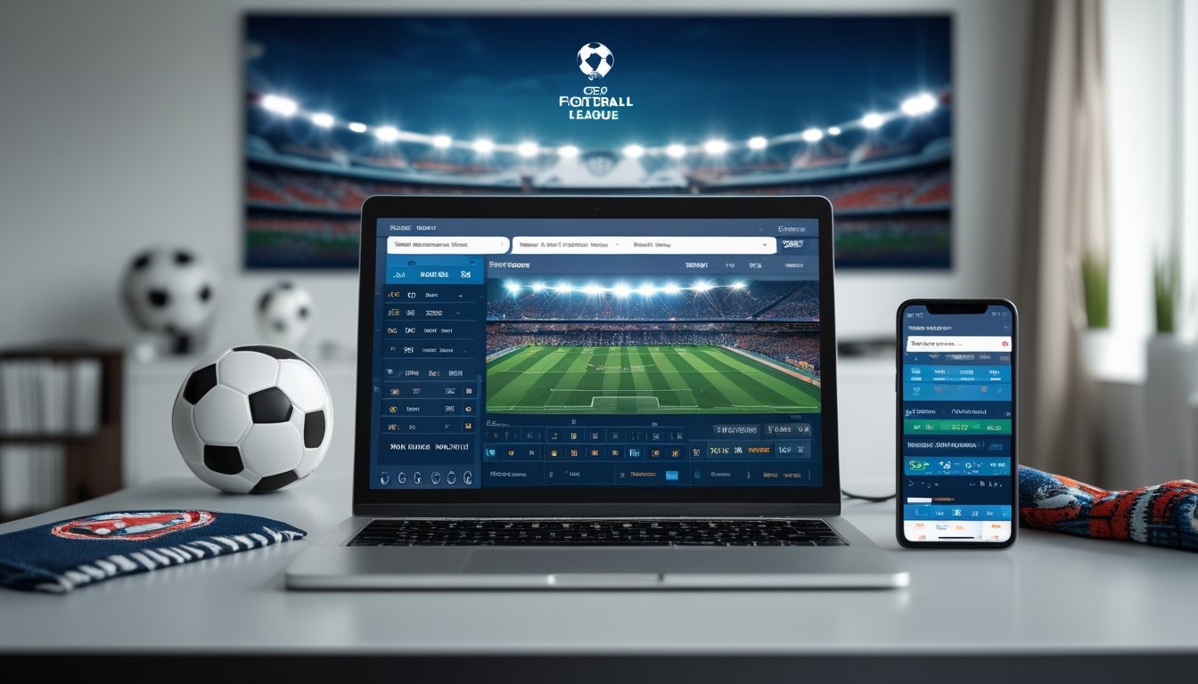 Seorang pria menggunakan laptop dengan layar menampilkan situs taruhan sepak bola, dengan latar belakang stadion sepak bola yang penuh penonton dan lampu sorot terang.
