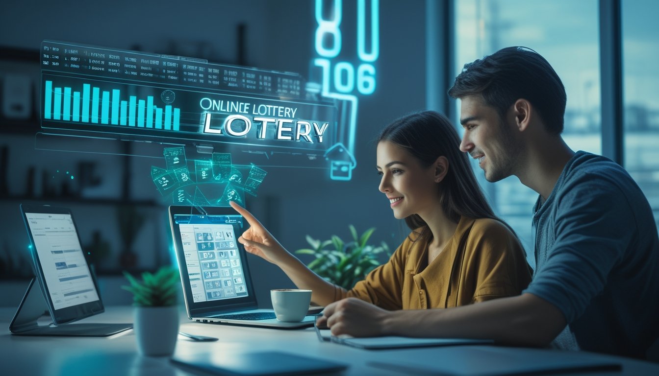 Dua orang muda bekerja sama di ruang kerja modern dengan laptop dan perangkat teknologi, fokus pada layar yang menampilkan antarmuka lotre digital.