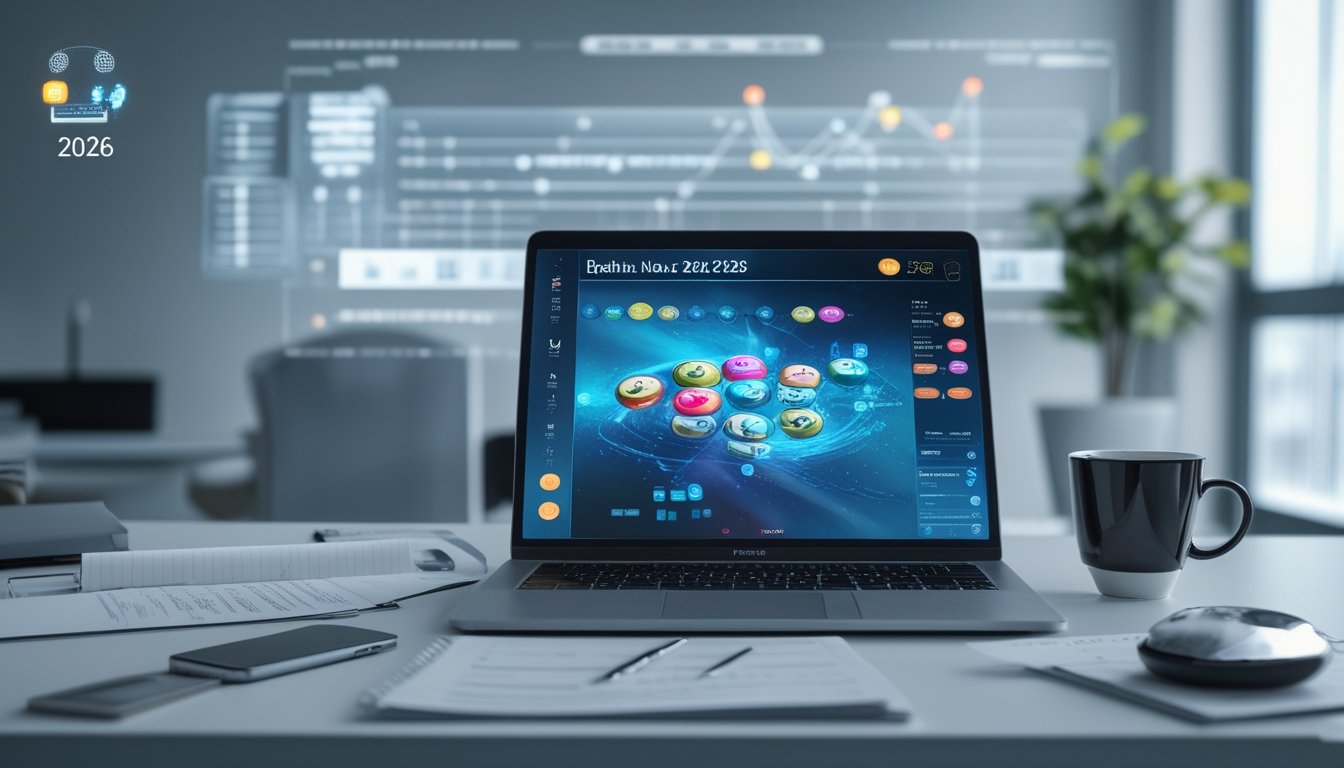 Seorang pria duduk di depan laptop dengan layar menampilkan antarmuka digital terkait permainan togel online, di meja terdapat catatan dan ponsel, latar belakang ruangan kantor yang rapi dan modern.