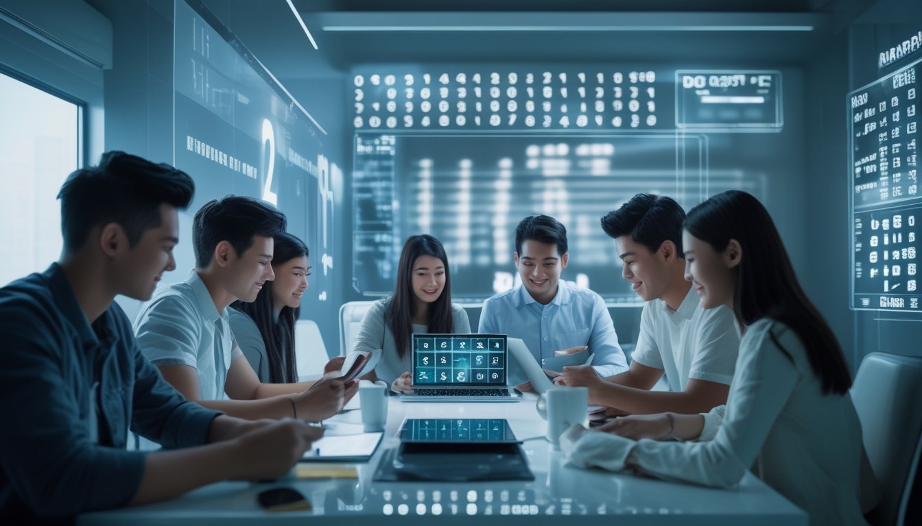Sekelompok orang muda menggunakan perangkat digital di ruang kerja modern dengan proyeksi angka holografik yang menggambarkan permainan togel online 2D.