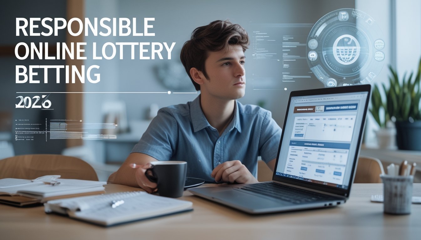 Seorang dewasa muda duduk di meja dengan laptop, mencatat dan menggunakan kalkulator, menunjukkan pengelolaan taruhan togel online yang bertanggung jawab.