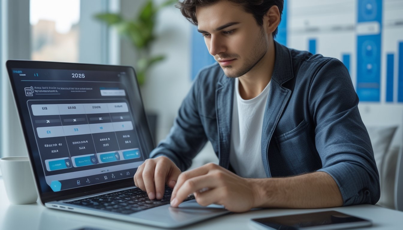Seseorang sedang mengelola modal taruhan togel online dengan serius di meja kerja yang rapi, menggunakan laptop dan alat bantu hitung.