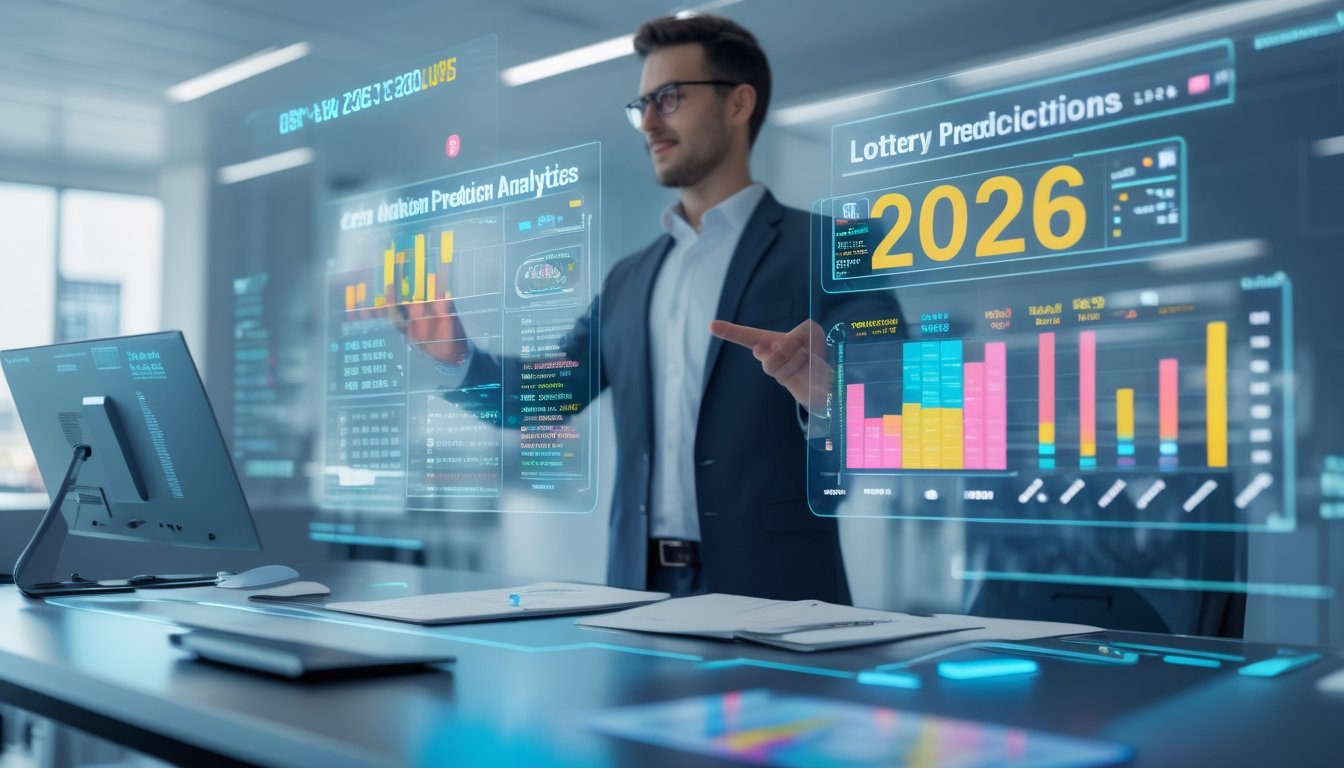 Seorang analis sedang bekerja dengan layar digital yang menampilkan grafik dan data prediksi di sebuah kantor modern.
