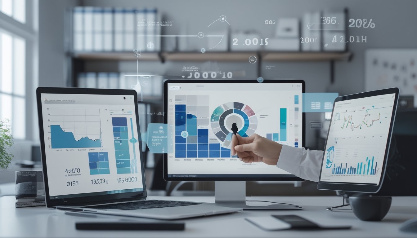 Seorang profesional sedang menganalisis data pada laptop dan tablet di ruang kerja modern yang terang dan rapi.