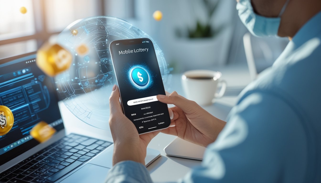 Seseorang menggunakan ponsel di meja kerja dengan tampilan aplikasi togel online di layar, dikelilingi oleh elemen teknologi futuristik.