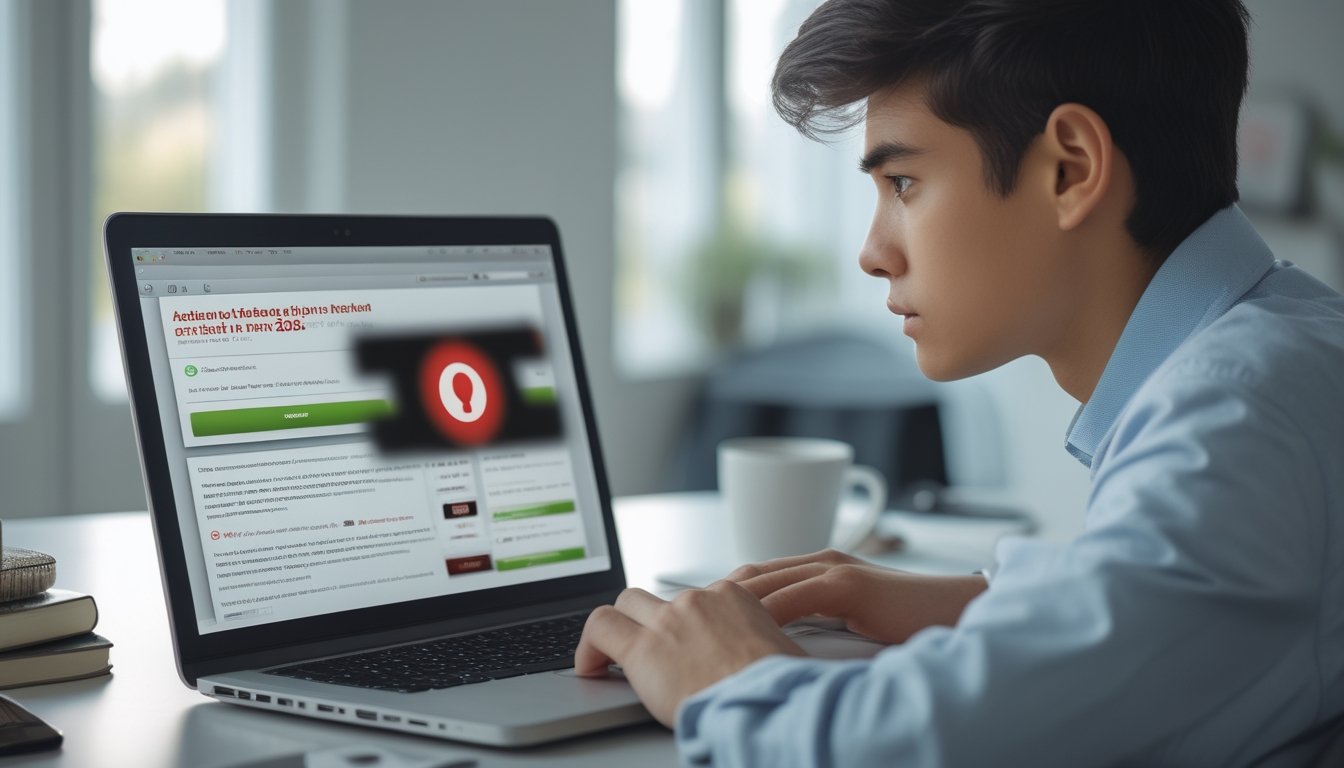 Seseorang duduk di meja dengan laptop, terlihat fokus dan waspada saat menggunakan komputer di ruang kerja rumah yang terang.