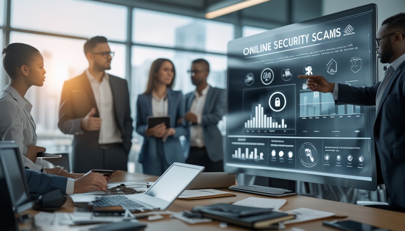 Sekelompok profesional sedang berdiskusi di kantor modern di depan layar digital yang menampilkan data dan peringatan tentang penipuan online.