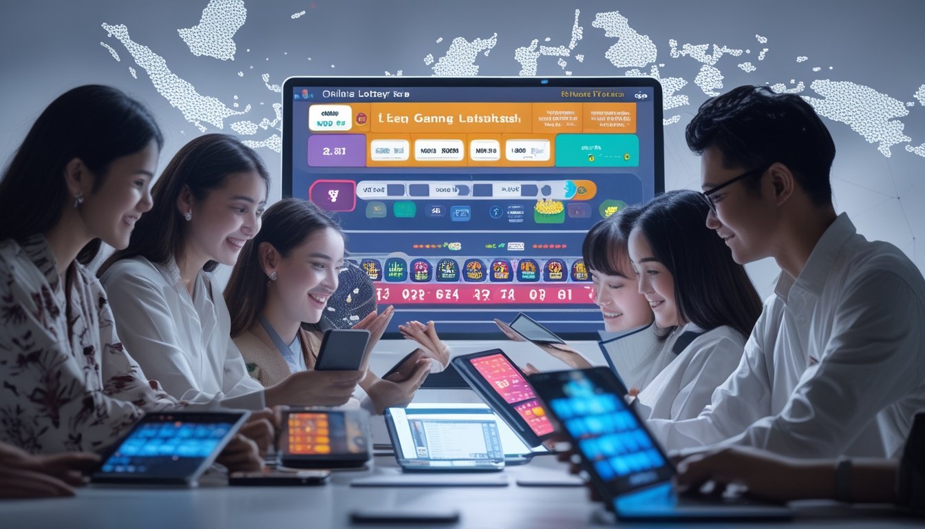 Sekelompok orang muda menggunakan perangkat digital untuk bermain permainan togel online dengan latar belakang elemen budaya Indonesia.
