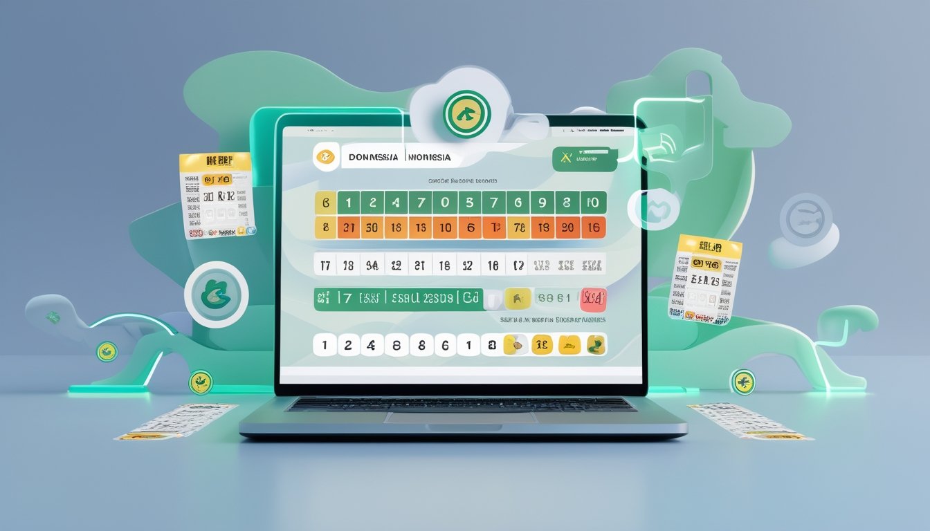 Seseorang menggunakan laptop atau ponsel dengan tampilan angka togel dan grafik warna-warni di layar, dikelilingi oleh elemen visual yang mewakili permainan togel online.