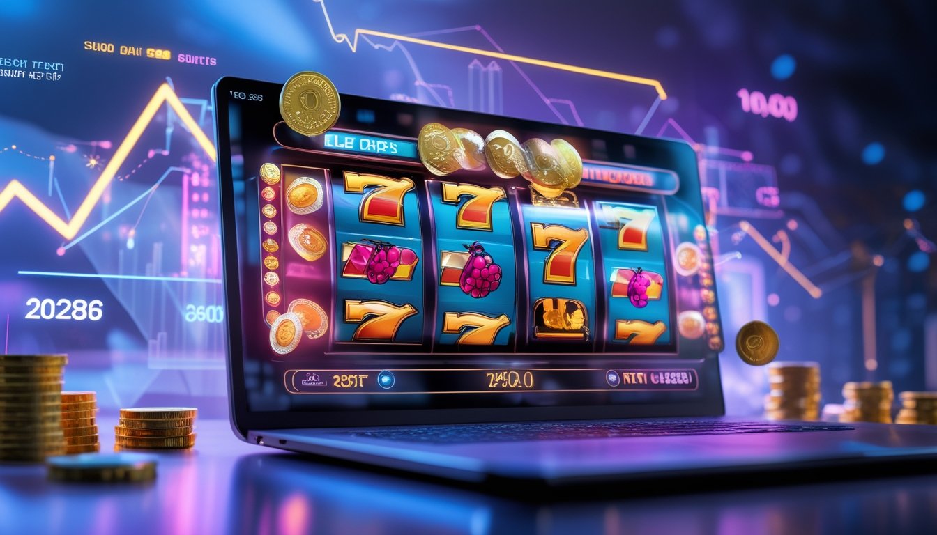 Seseorang bermain permainan slot online di komputer dengan grafik mesin slot berwarna-warni dan tampilan data tren di latar belakang.