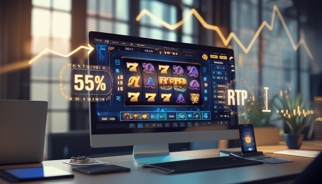 Sebuah komputer dengan layar menampilkan permainan slot online yang sedang berjalan di sebuah meja kerja dengan perangkat teknologi dan grafik data di sekitarnya.