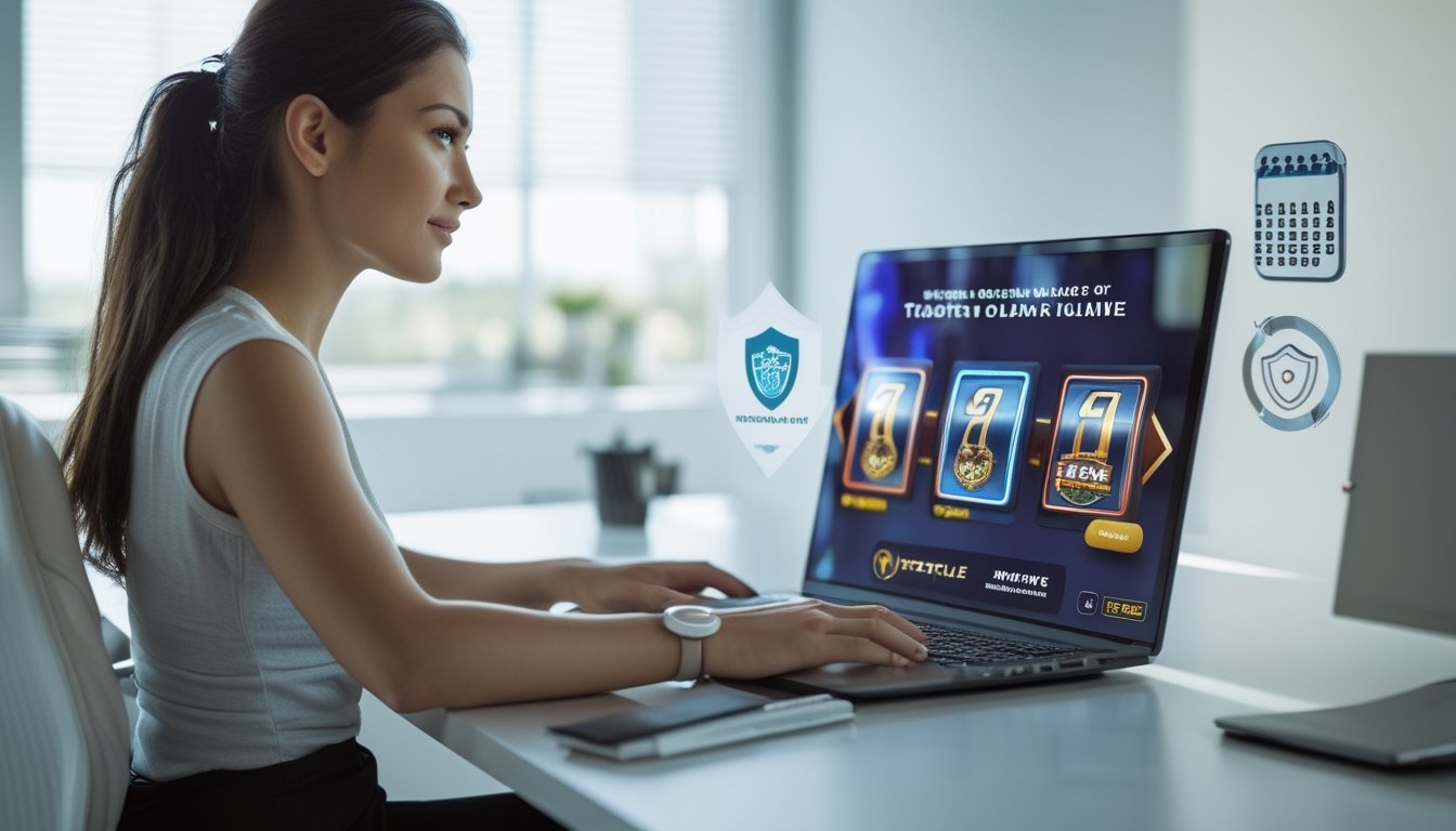 Seorang wanita muda duduk di meja kantor modern sambil melihat layar laptop yang menampilkan situs slot online yang aman dan terpercaya.