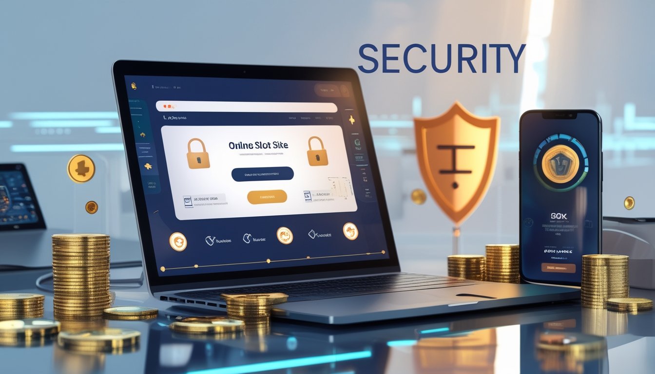 Seorang pengguna sedang bekerja di depan laptop dengan tampilan situs slot online yang aman, dikelilingi ikon keamanan dan elemen permainan digital.