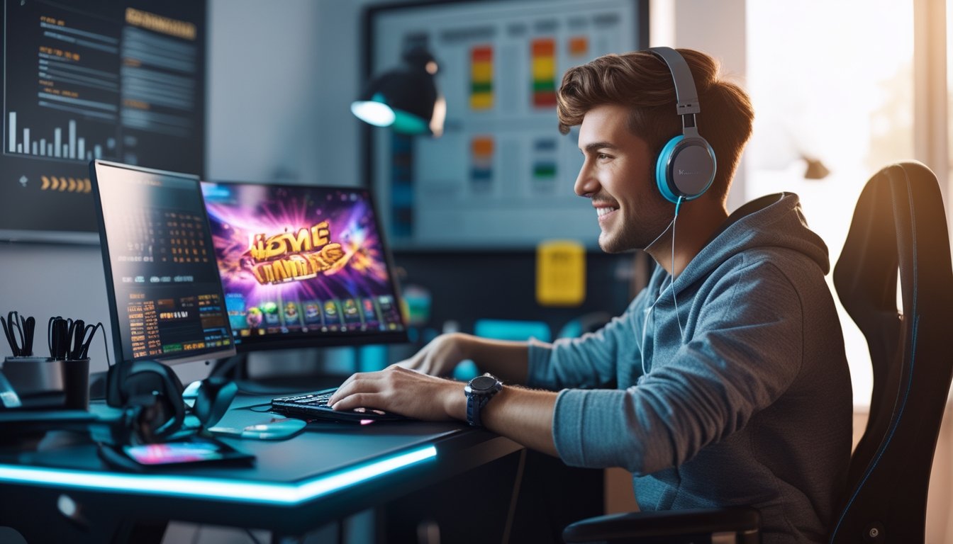 Seorang dewasa muda duduk di meja gaming modern, fokus pada layar laptop yang menampilkan permainan slot online, dengan suasana ruangan yang terang dan rapi.