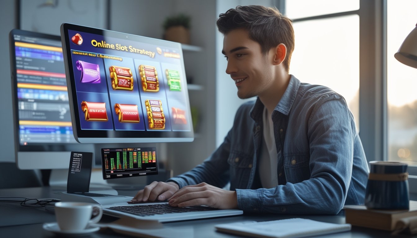 Seorang dewasa muda duduk di meja kerja dengan laptop yang menampilkan permainan slot online, suasana fokus dan nyaman di ruang kerja rumah.