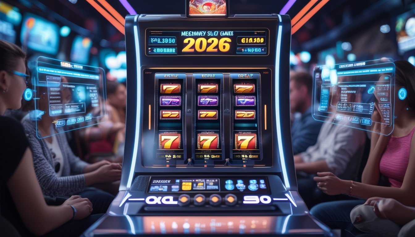 Mesin slot modern dengan gulungan berwarna cerah dan pemain yang menikmati permainan di kasino digital.