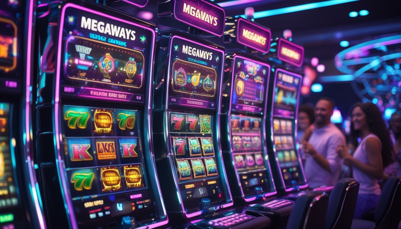 Seorang pemain sedang menikmati permainan mesin slot berwarna-warni di kasino modern dengan suasana cerah dan ramai.