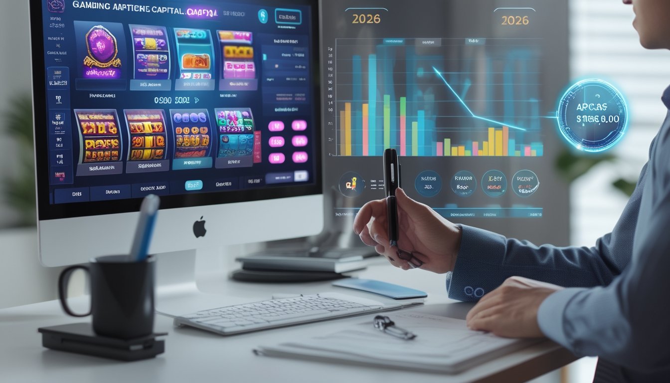 Seorang profesional duduk di depan komputer dengan tampilan permainan slot online dan alat pengelolaan keuangan di meja, menunjukkan pengaturan modal saat bermain slot online.