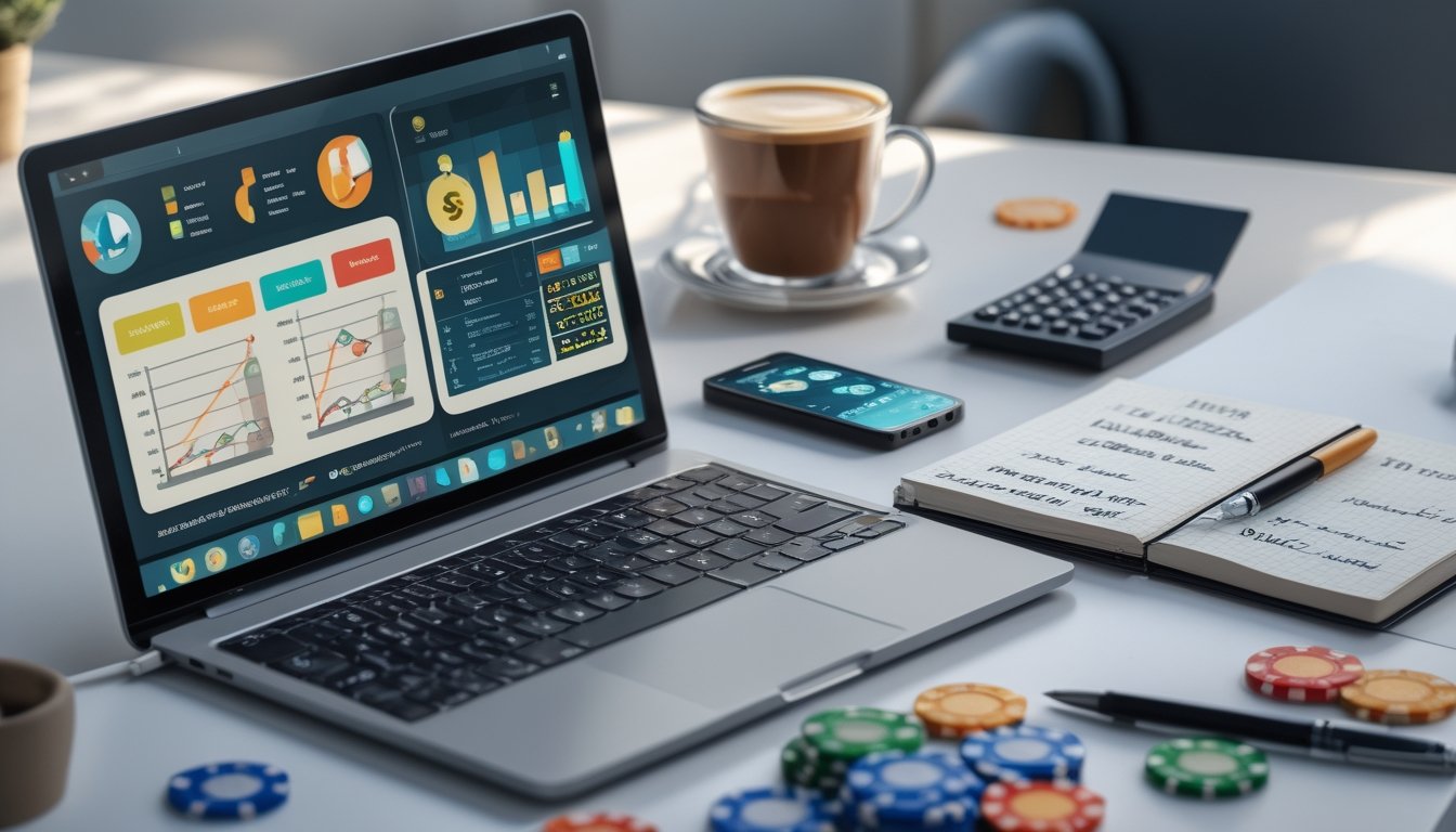Meja kerja dengan laptop yang menampilkan grafik keuangan, ponsel dengan permainan slot, dan buku catatan dengan tulisan tangan, dikelilingi oleh chip poker dan kalkulator.