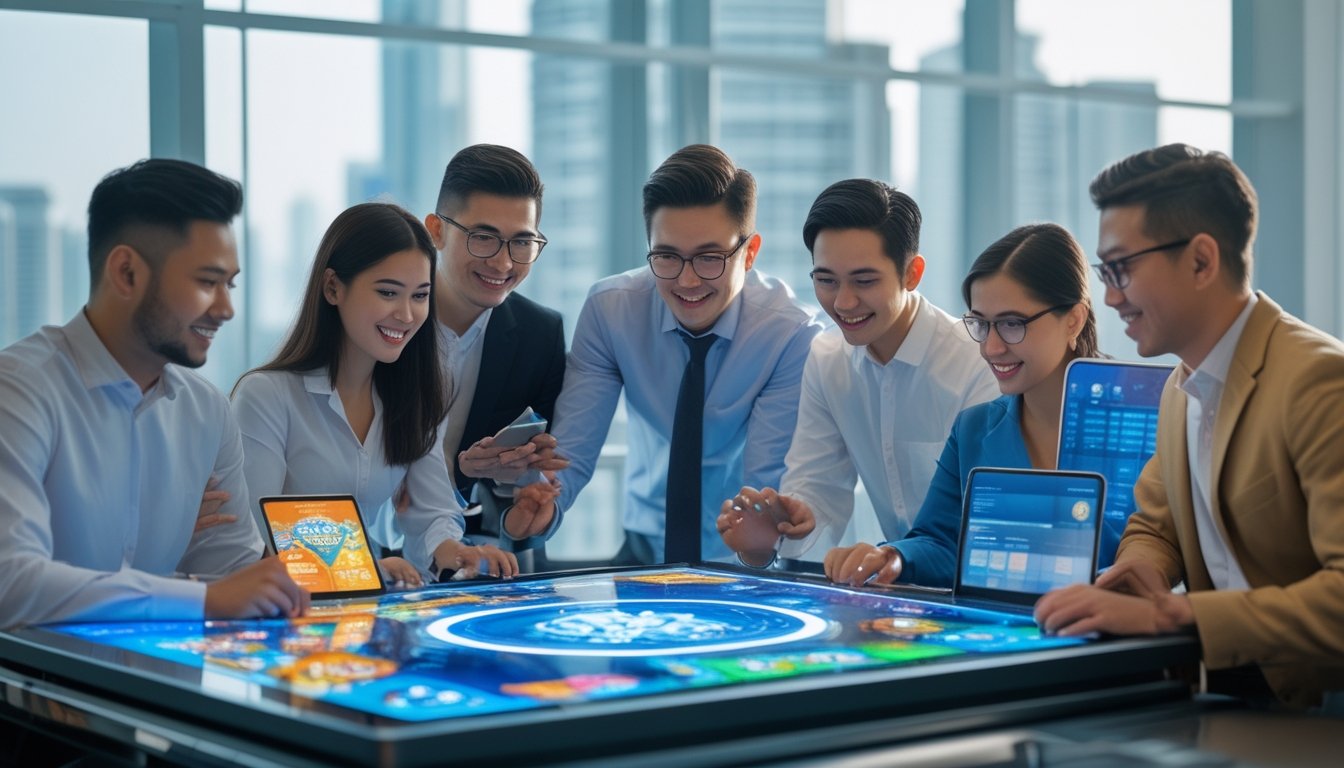 Sekelompok profesional muda bekerja bersama di kantor modern dengan layar digital besar yang menampilkan permainan slot online dan data pasar, dengan pemandangan kota Jakarta di latar belakang.