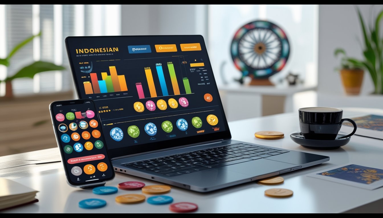 Meja kerja modern dengan laptop yang menampilkan ikon permainan slot dan grafik tren pasar, dikelilingi oleh ponsel dengan permainan slot, token permainan, dan secangkir kopi.