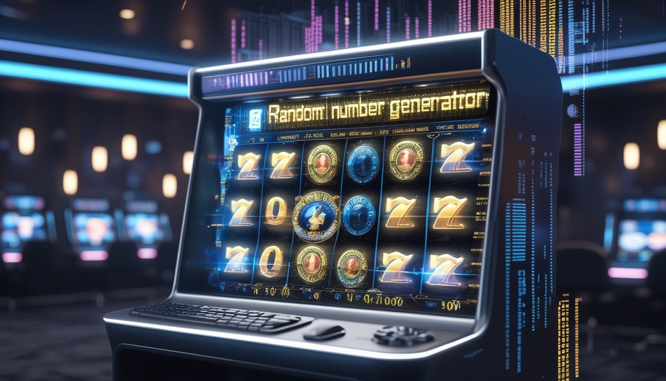 Mesin slot digital futuristik dengan elemen teknologi digital dan latar kasino modern.