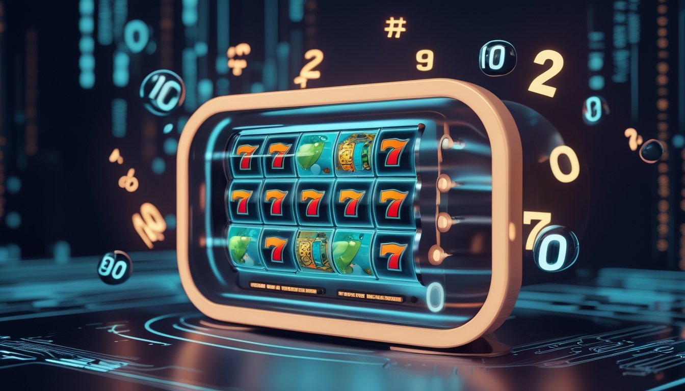 Mesin slot digital modern dengan simbol buah dan angka yang dikelilingi oleh elemen digital abstrak yang menggambarkan teknologi RNG dalam permainan slot online.