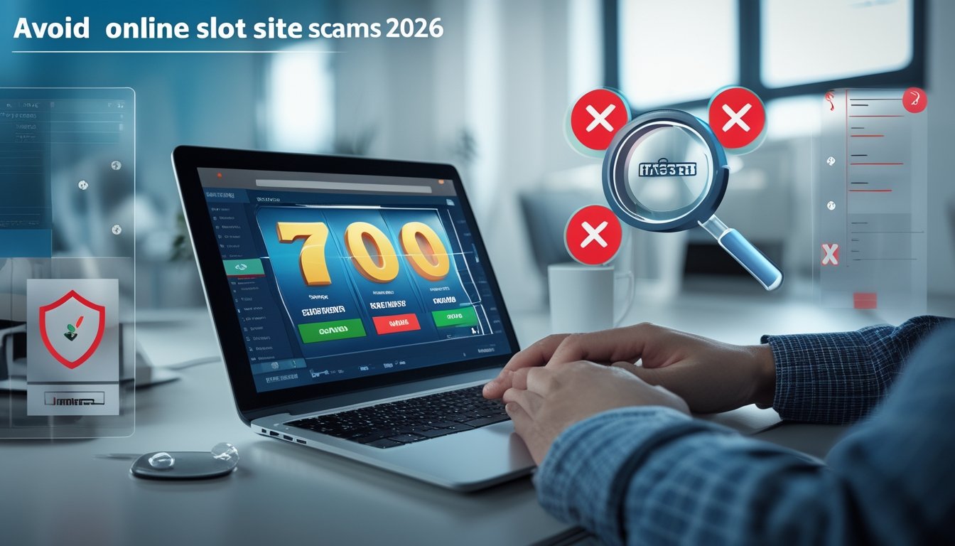 Seseorang duduk di depan laptop dengan tampilan situs slot online yang mencurigakan, dikelilingi ikon peringatan dan simbol keamanan di meja kerja.