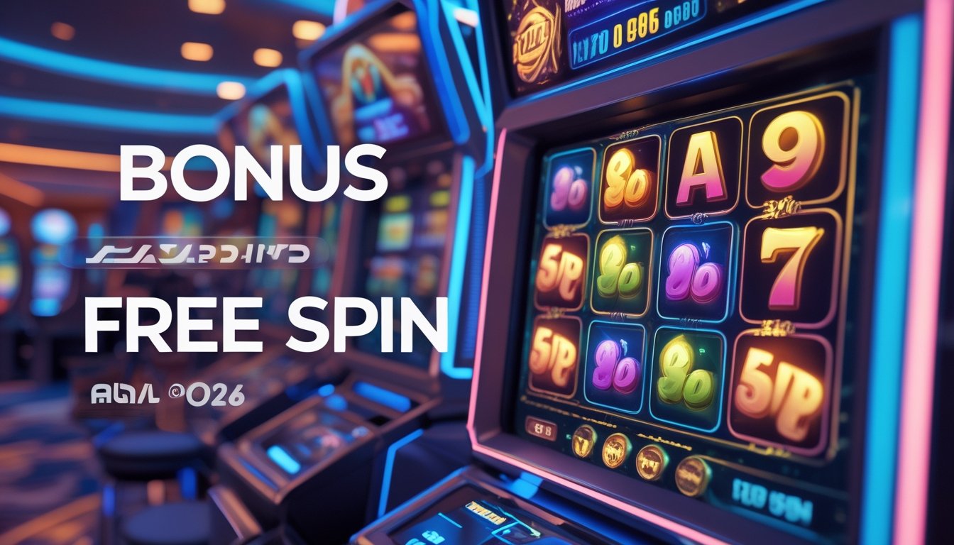 Tampilan mesin slot digital futuristik dengan fitur bonus dan putaran gratis yang aktif di latar kasino modern.