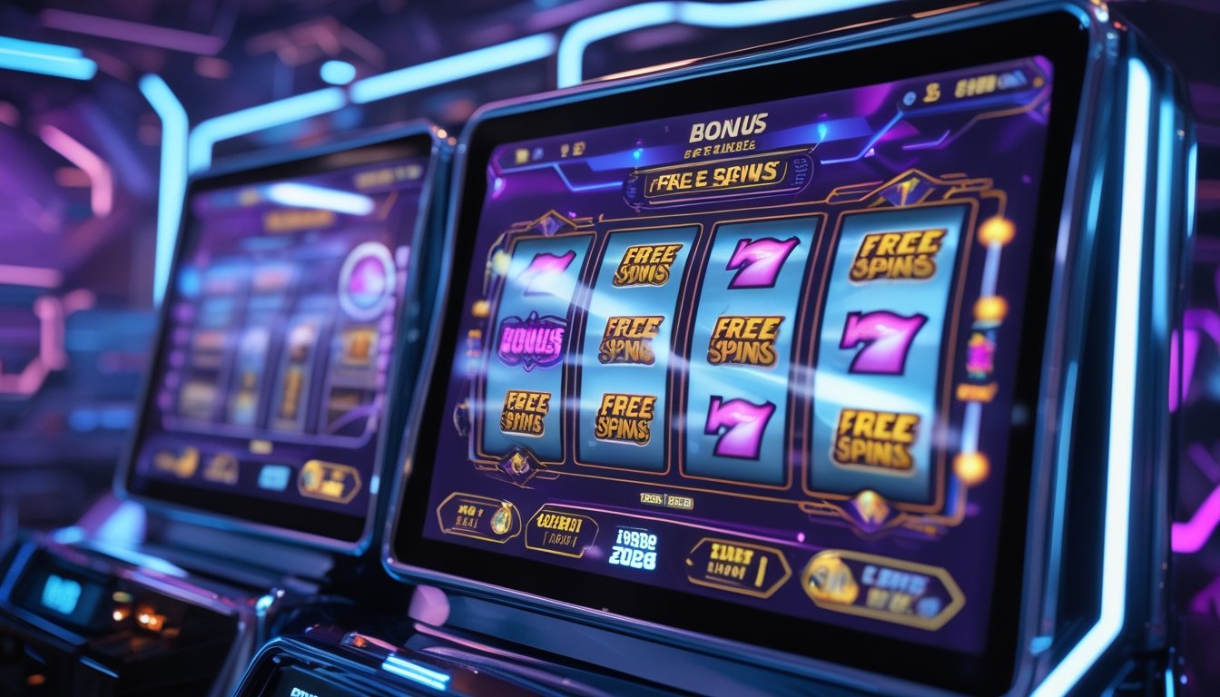 Mesin slot digital modern dengan layar sentuh besar menampilkan ikon fitur bonus dan putaran gratis dalam suasana ruang permainan berteknologi tinggi.