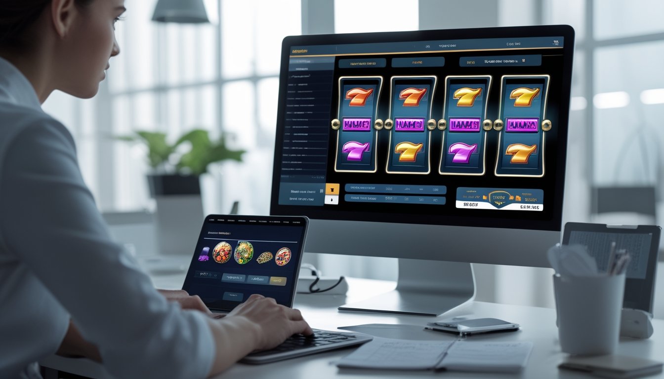 Seseorang sedang menganalisis grafik pola putaran mesin slot online di depan komputer di kantor yang terang dan rapi.