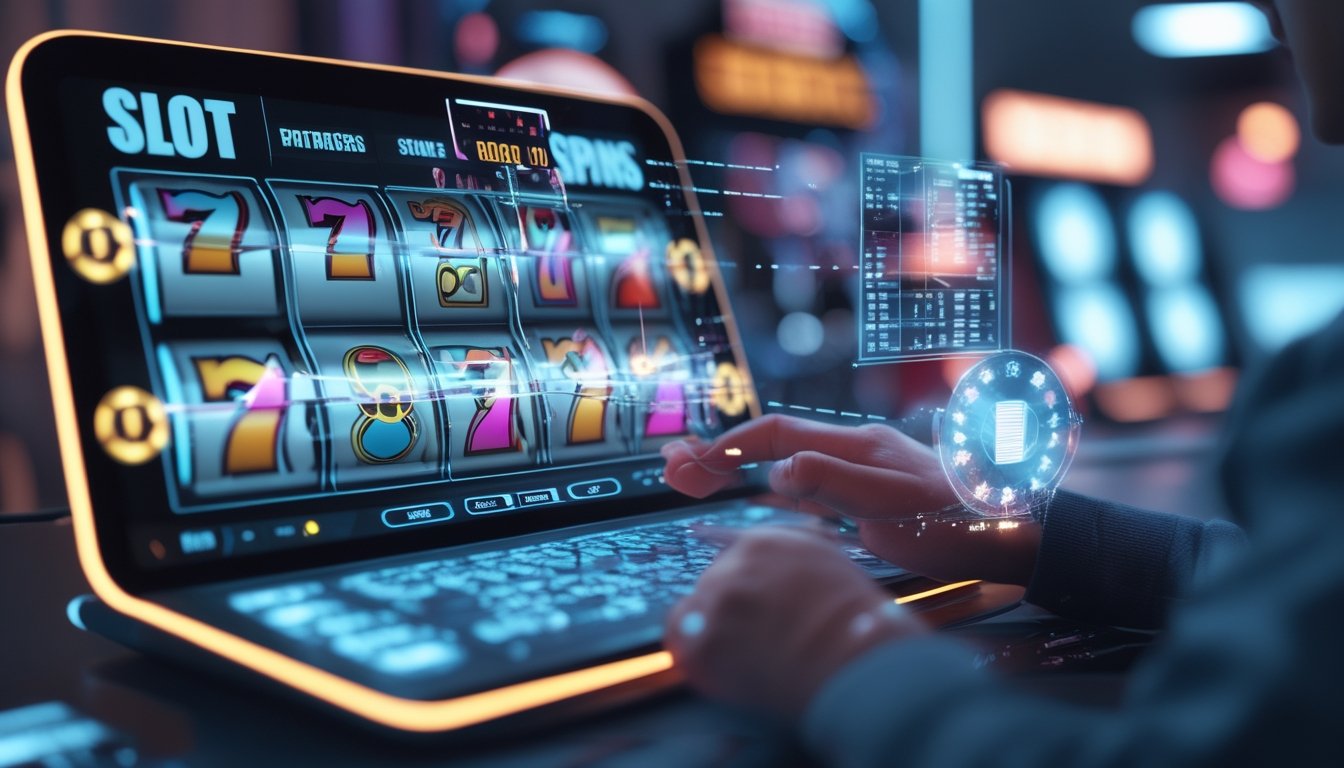 Seseorang sedang menganalisis pola putaran mesin slot online di depan layar perangkat digital dengan grafik dan simbol mesin slot yang berputar.