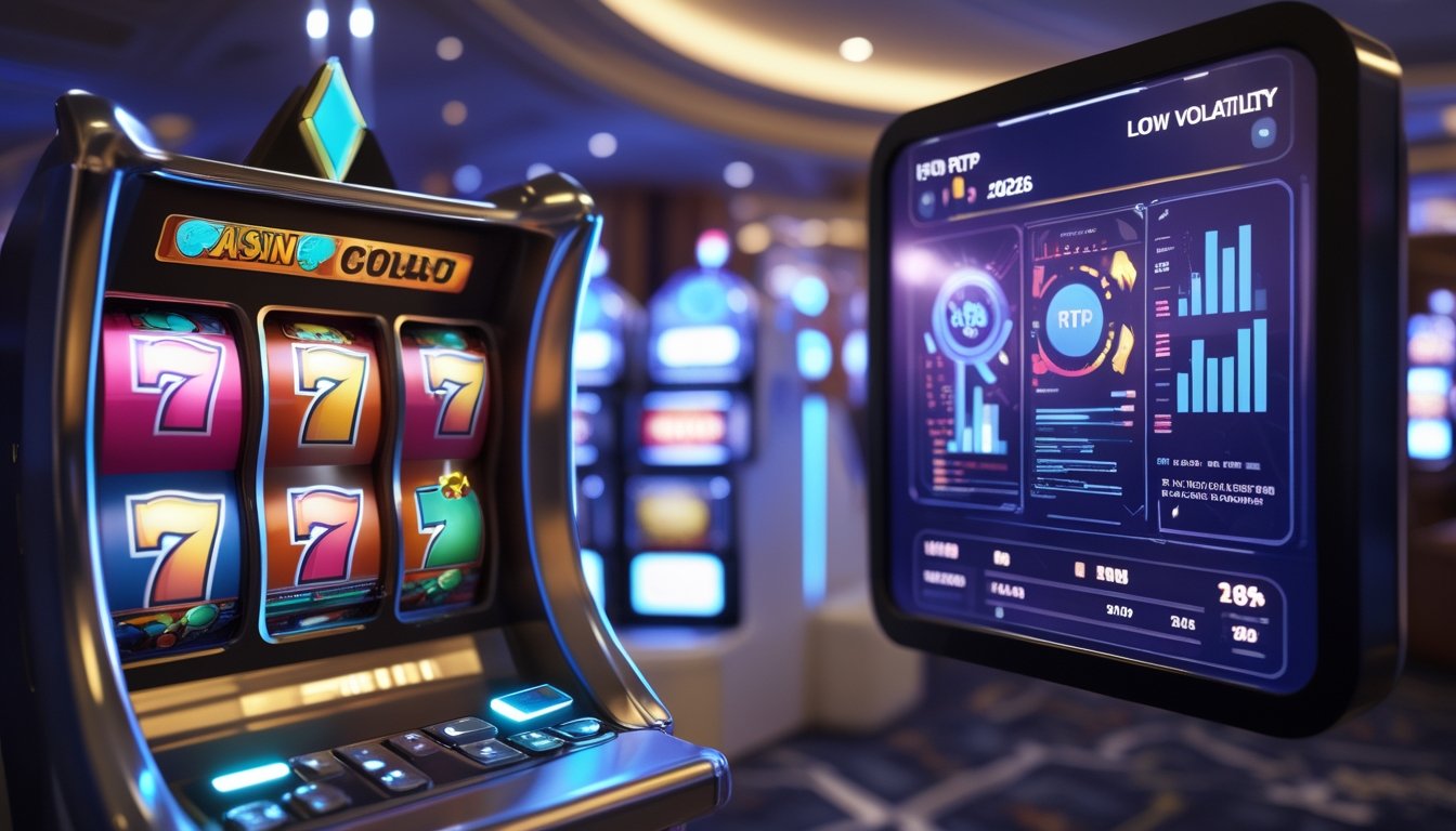 Mesin slot modern dengan simbol warna-warni di dalam kasino yang terang dan tenang, menampilkan layar digital dengan grafik statistik di latar belakang.