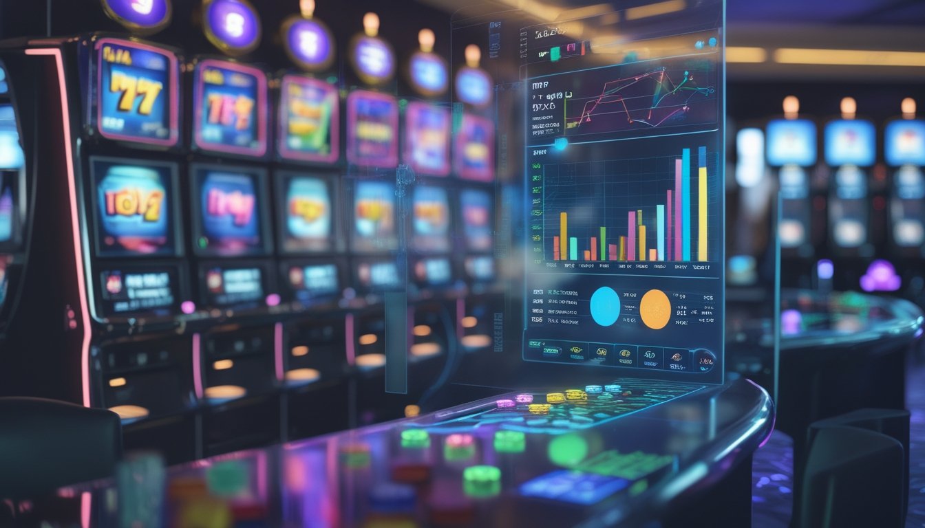 Seorang pria sedang menganalisis data game slot di depan mesin slot digital di kasino modern.