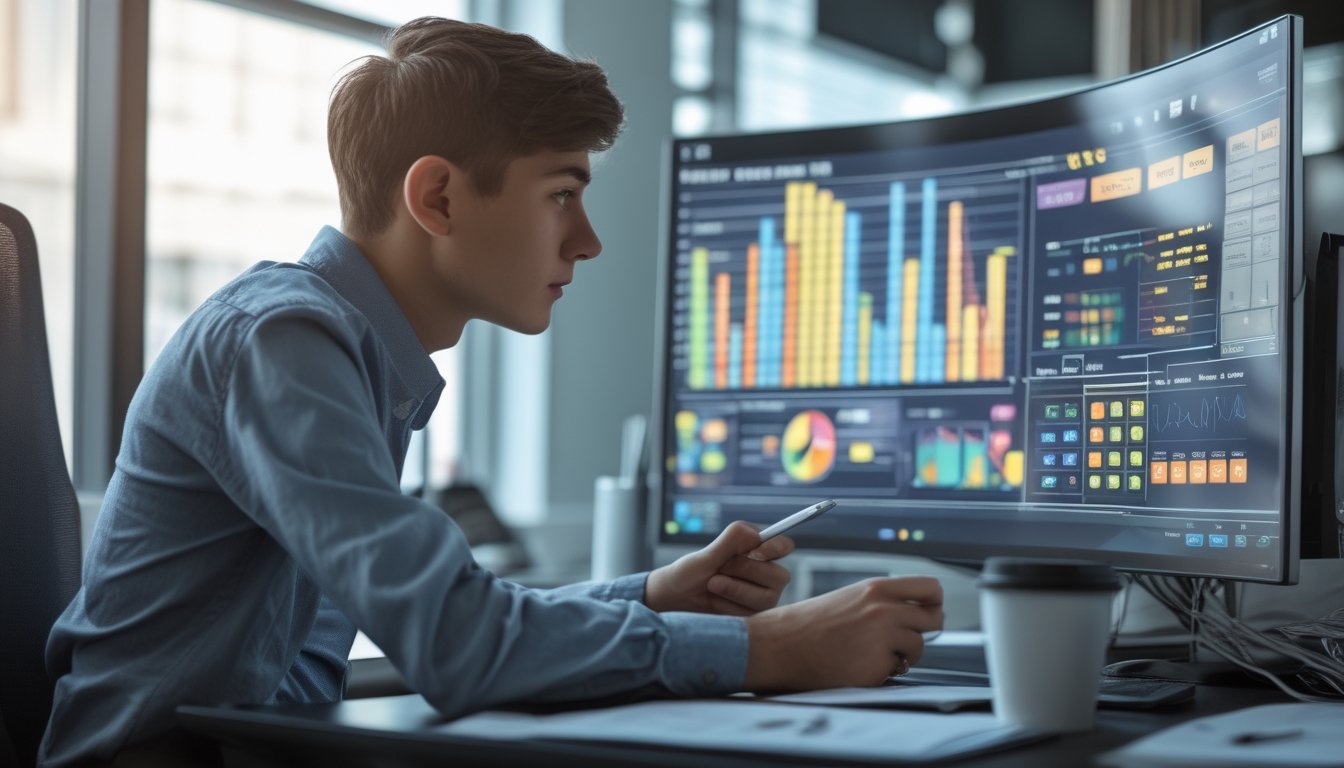 Seseorang sedang fokus menganalisis data grafik dan statistik di depan komputer di sebuah kantor modern.