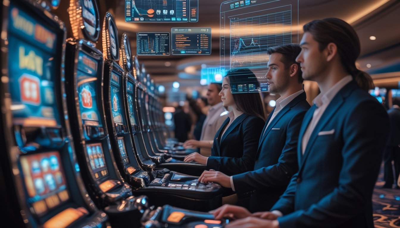 Orang-orang di kasino modern memperhatikan mesin slot dengan grafik data mengambang yang menunjukkan pembaruan RTP secara langsung.