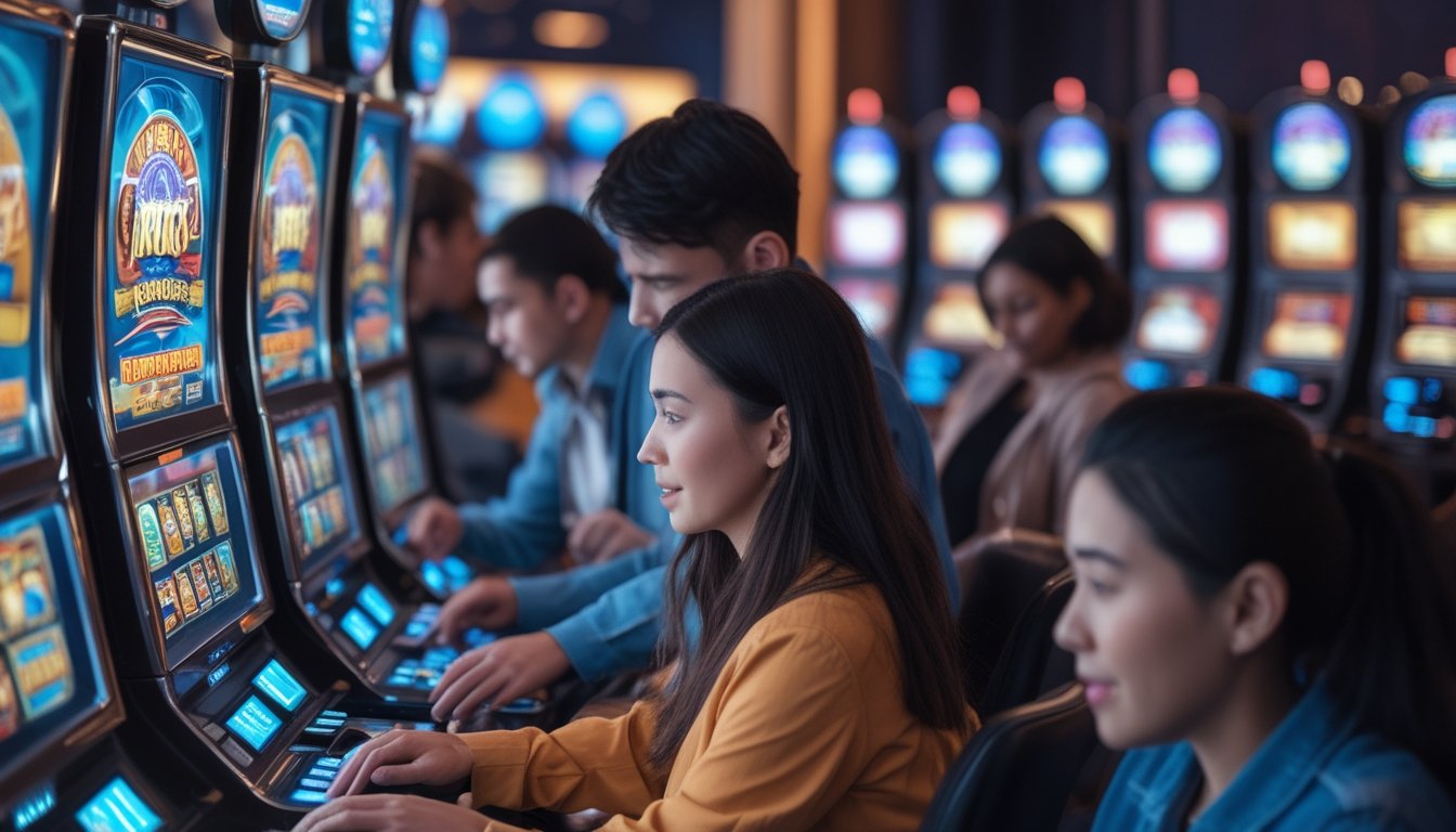 Sejumlah orang bermain mesin slot di dalam kasino dengan suasana modern dan pencahayaan lembut.