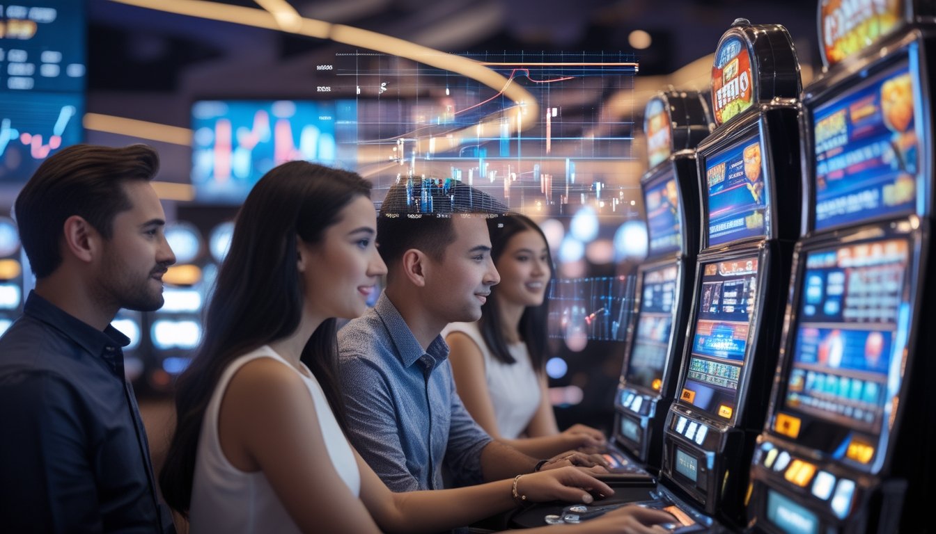 Beberapa pemain sedang menggunakan mesin slot digital di kasino dengan grafik dan data yang menunjukkan perubahan nilai RTP.