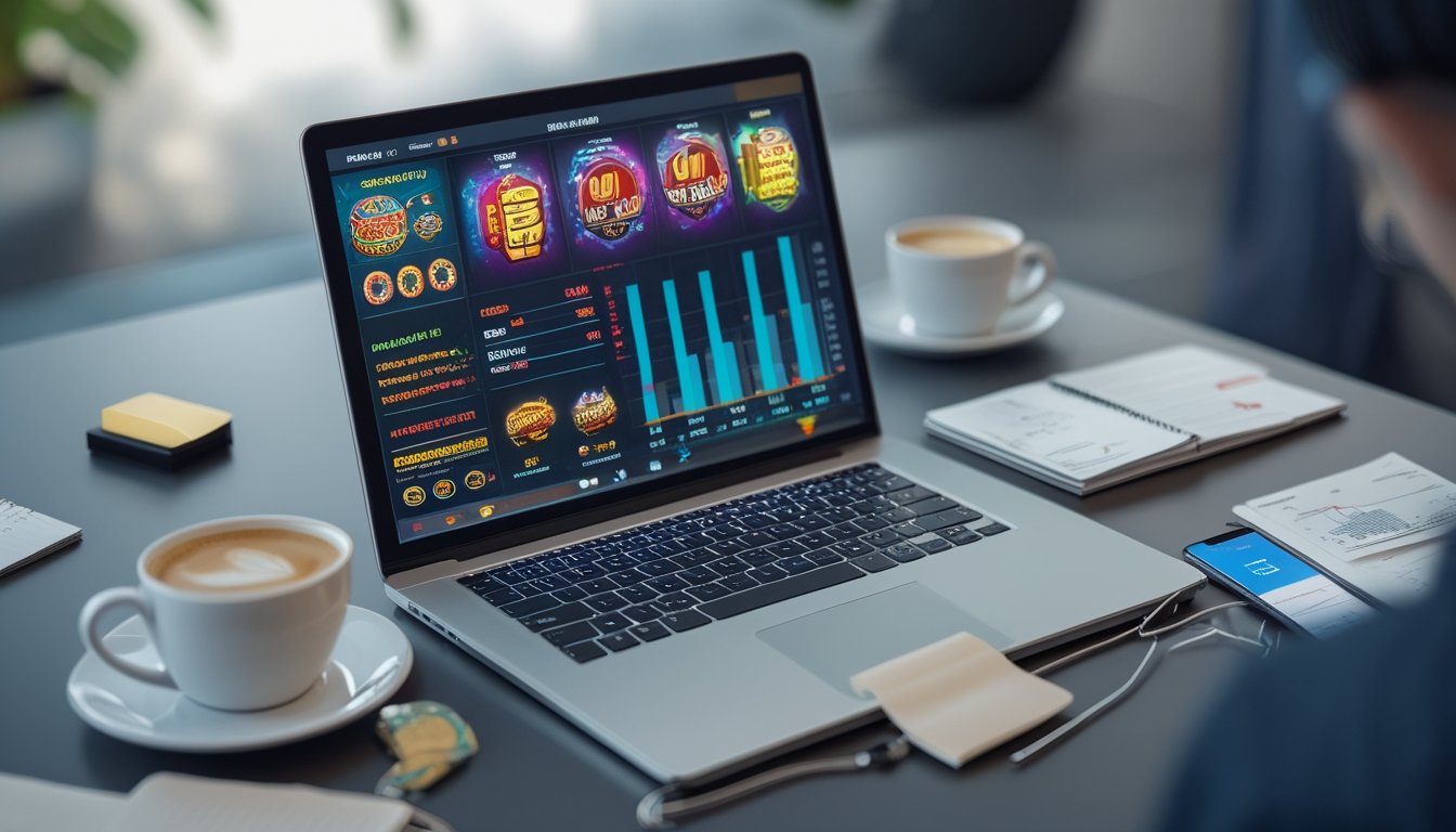 Sebuah ruang kerja modern dengan laptop yang menampilkan grafik permainan slot dan statistik RTP, dikelilingi catatan, kopi, dan ponsel.