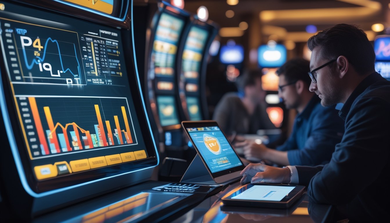 Orang-orang sedang menganalisis data RTP permainan slot di kasino dengan layar mesin slot dan perangkat digital di sekitar mereka.